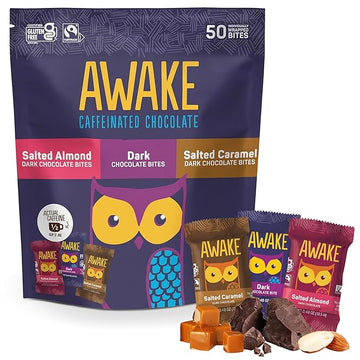 AWAKE - Caffeinated Chocolate Bites - Dark Chocolate Variety Pack (3 Flavors), 50 Bites - Dark, Salted Almond, & Salted Caramel - 50mg Caffeine - Coffee Alternative - Fairtrade, Gluten Free - 0.48oz