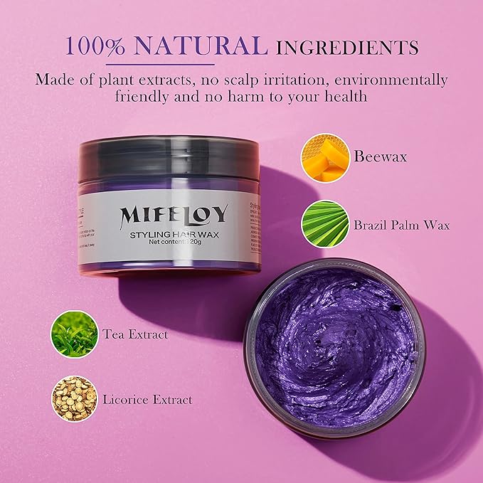 Temporary Purple Hair Spray Color Wax 4.23 oz, Instant Natural Violet Hairstyle Cream Dye, Washable Styling Pomades, Disposable Coloring Mud for Women Youth Men, Party Cosplay DIY Halloween