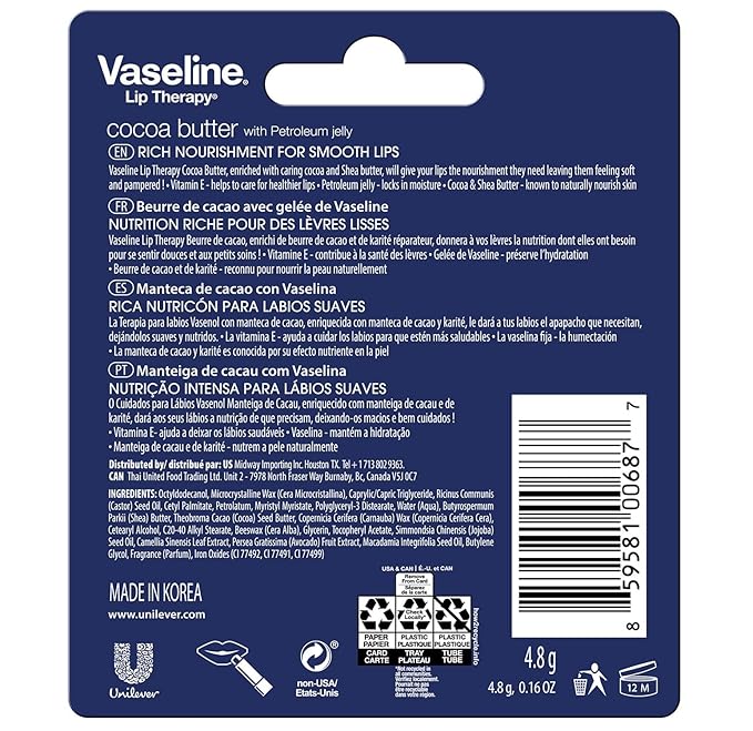 Vaseline Lip Therapy Cocoa Butter Lip Balm, 6 Pack, 0.16 Oz Ea