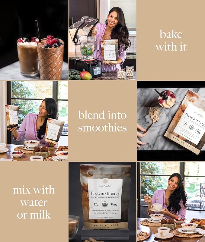 Truvani Protein + Energy Drink Mix with 87mg Caffeine | Vanilla Latte | 12g Organic Plant Based Protein | 20 Servings | USDA Organic Coffee Powder & Adaptogens | Gluten & Dairy Free | Vegan | Non-GMO