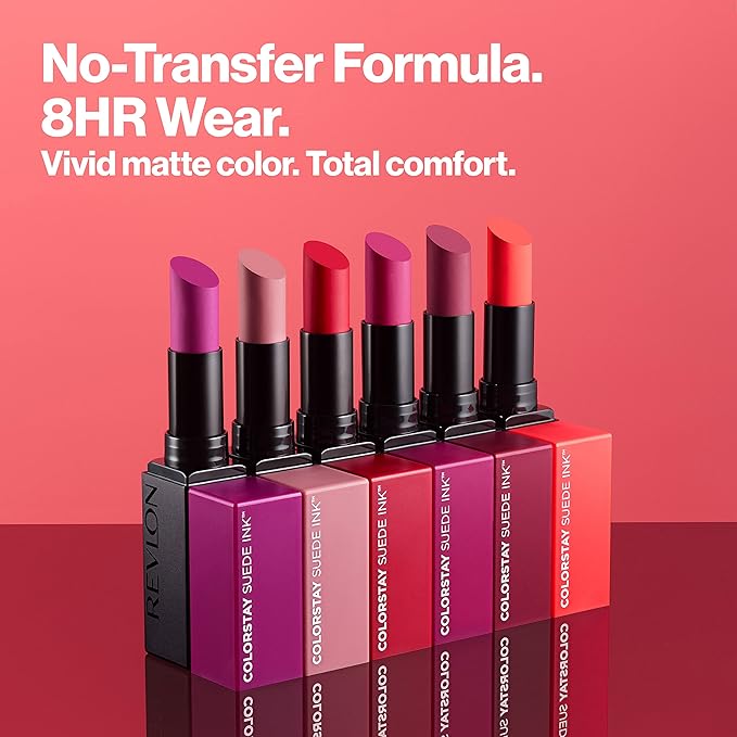REVLON Lipstick, ColorStay Suede Ink, Built-in Primer, Infused with Vitamin E, Waterproof, Smudge-proof, Matte Color, 005 Hot Girl, 0.09 oz.