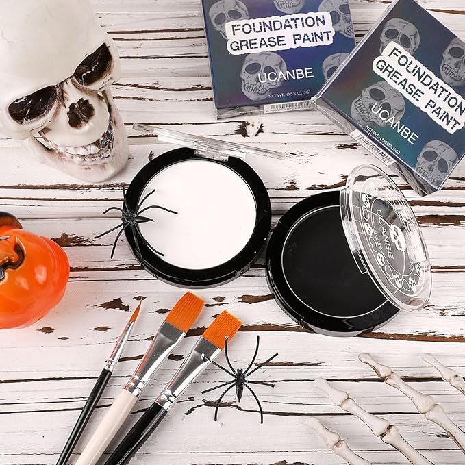 UCANBE Black White Face Body Paint with Painting Brush Kit, Cream-to-Powder Goth White Foundation + Black Greasepaint for Kids & Adult Halloween, SFX Makeup Set for Clown Skull Mime Cosplay & Costume