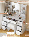 Vanity Desk with Mirror, Stool, Touch LED Light and Power Outlet Makeup Vanity Table with 7 Drawers and 6 Storage Shelves Dressing Table for Bedroom Dressing Room