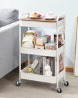 TOOLF 3-Tier Rolling Cart with Table Top, Metal Storage Cart on Wheels, Utility Organizer with Wooden Tray, Lockable Casters, Easy Assembly for Bathroom, Living Room, Office, Kitchen, White