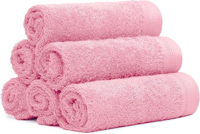 100% Cotton Washcloths Set 13” x 13” | Pink Rose Towels | Set of 6 Ultra Soft and Highly Absorbent Washcloths Sets for Bathroom, Gym, Spa | Machine Washable Face Towel