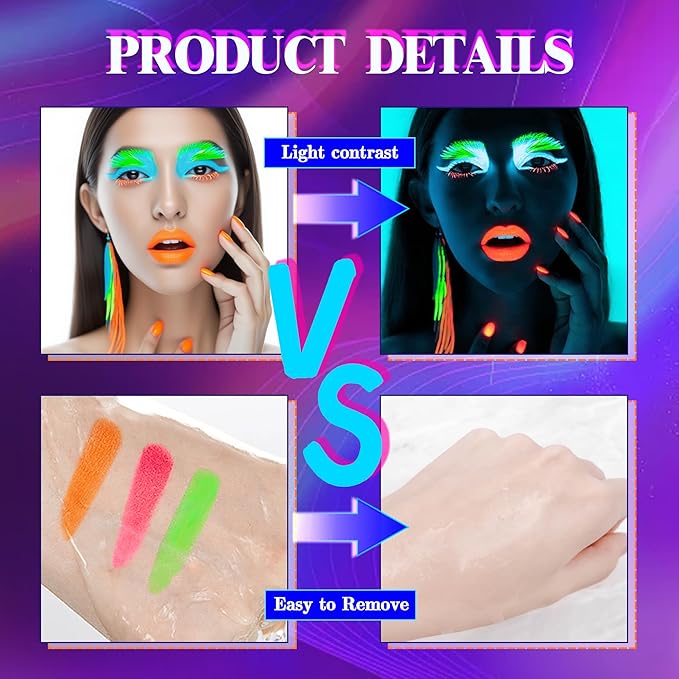 UV Neon Green Face Body Paint Stick, Colored Professional Full-Coverage Oil-Based Eye Black Stick for Halloween Cosplay Christmas, Face Painting Foundation Makeup Glow in the Dark Party Supplies-08