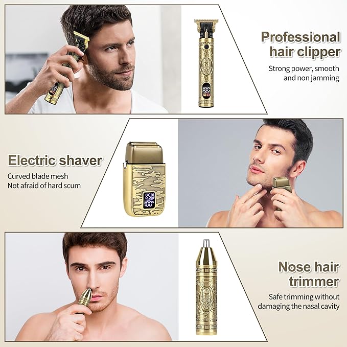 Electric Foil Shaver for Men, T-Blade Beard Trimmer Razor Nose Hair Trimmer Set, Cordless Rechargeable Beard Trimmers Professional Hair Clippers Kit with LCD, Gifts for Men Him Dad Fathers Day