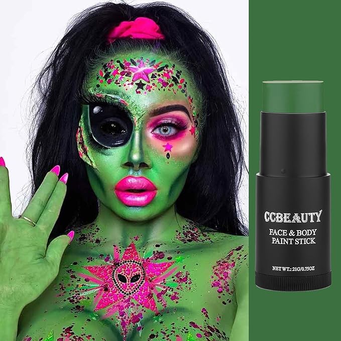 CCbeauty Witch Green Face Paint Stick, Face Painting Kit, Dark Green Cream SFX Makeup Foundation, Professional Body Paint for St. Patrick's Day, Halloween Costume Party, Grinch Hulk Monster Makeup