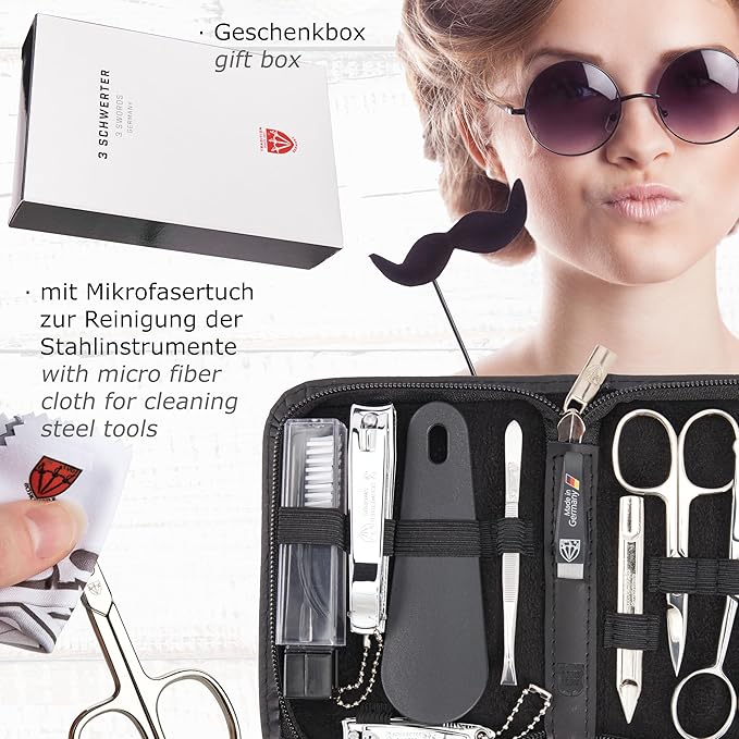 3 Swords Germany – brand quality 10 piece manicure pedicure grooming kit set for nail care tweezers file clipper, Made by 3 Swords (BLACK - GENUINE LEATHER)