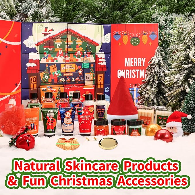 Advent Calendar 2025 Adult, Holiday Gift Baskets for Women with Hand Cream, Epsom Salt, Candle, Necklace, Brooch, Ear Clips, Skincare Beauty Advent Calendar, Happy New Year Countdown Calendar Gift Set