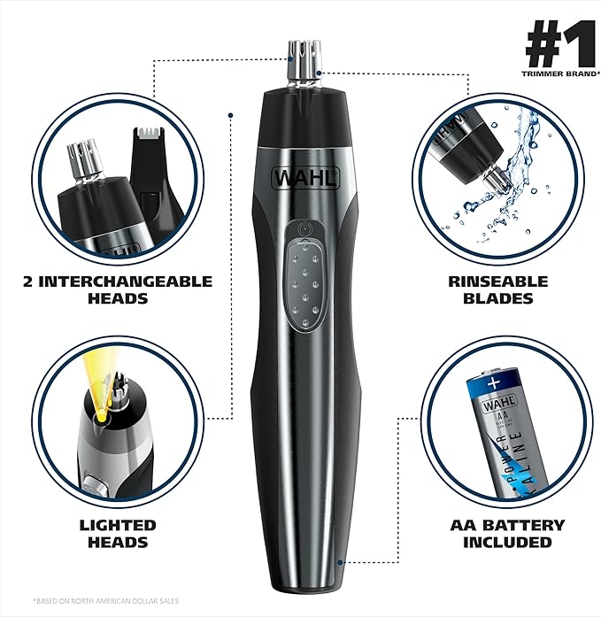 Wahl Lighted Battery Nose Hair Trimmer for Men & Women. Painless, Easy to See Nose, Ear, and Eyebrow Trimming with Built in Light, Battery Included. – Model 3023283
