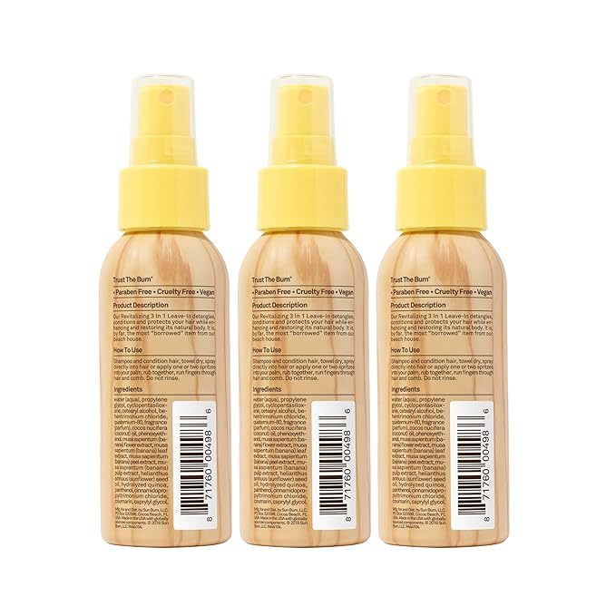 Sun Bum Revitalizing 3 in 1 Leave In Conditioner - Anti Frizz Detangler - Color Friendly with UV Protection - Enriched with Coconut Oil and Banana - 1.5 oz (Pack of 3)