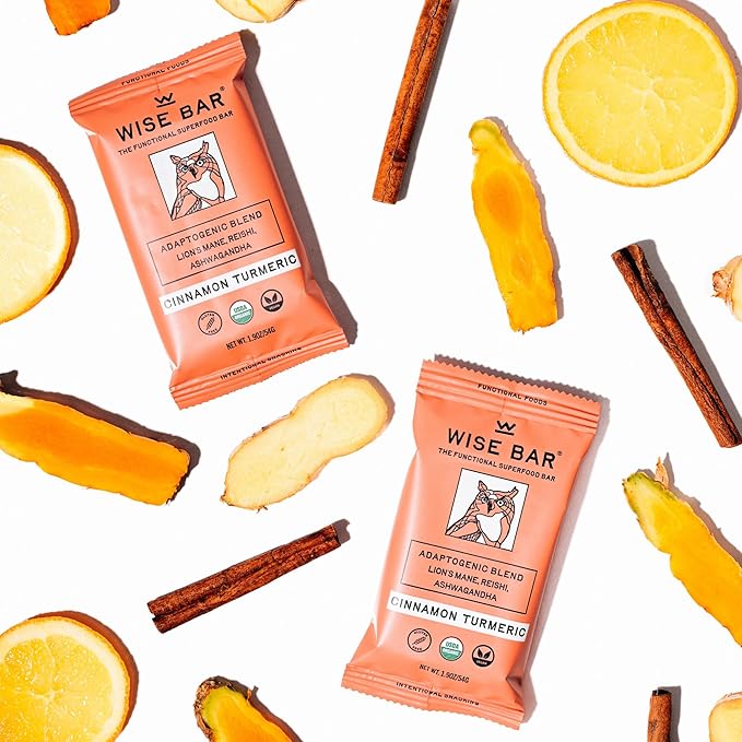 WISE BAR Adaptogen Mushroom Bars | Cinnamon Turmeric Flavor | 12 Count | Functional Mushrooms and Adaptogens Bar | Organic Nutrition Energy Bars, Vegan, Gluten Free