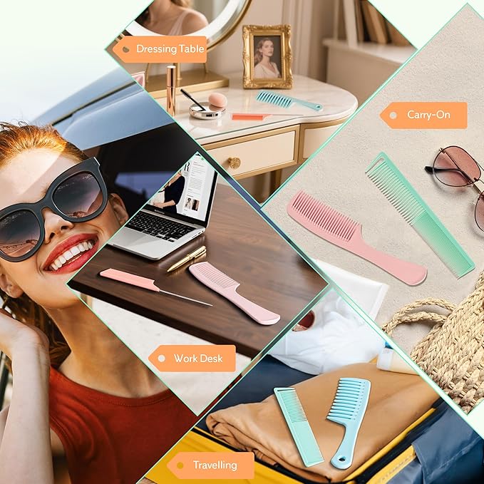 SALONSILK Dopamine Colorful 4PCS Professional Comb Set, Wide Tooth Rat Tail Fine Tooth Hair Combs, Braiding Cutting Barber Styling Curly Parting Set for Men and Women