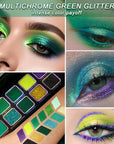 Afflano Multichrome Green Eyeshadow Palette, Color-Shifting Green Glitter Eyeshadow Pallet, Matte Chrome Eye Shadow Dark Forest green Makeup for Women Smokey Blue Brown Eyes Cosplay Party Daily Use