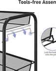 TOOLF 3-Tier Metal Rolling Cart, Mesh Wire Easy Assemble Utility Cart, Storage Trolley on Wheels with 3 Hooks, MetalStorage Shelving Units for Kitchen Bathroom Laundry Room