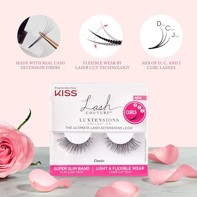 KISS Lash Couture LuXtensions Collection False Eyelashes, Flat Lash Technology, Super Slim Lash Band, Real Lash Extension Fibers, Reusable, Contact Lens Friendly Strip Lashes, Style Royal Silk, 1 Pair