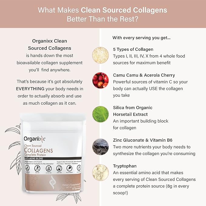 Organixx Collagen Peptides Powder with Vitamin C, Types I, II, III, V, X Hydrolyzed Collagen, Hair, Nail, Skin, Bone & Joint Health, Aging Support, Clean Sourced, Gluten Free, Unflavored, 15 Servings