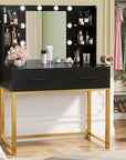 YESHOMY Vanity Desk with Mirror, Makeup Table with 2 Large Drawers, Power Outlet and Round Holder, 3 Color Modes Adjustable Bulb, Black