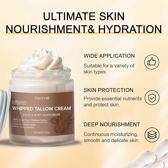 Grass-Fed Beef Tallow Face Moisturizer with Frankincense Oil & Castor Oil,Ultra-Hydrating Non-Greasy Formula,Organic Tallow Balm for Skin Hydration, Anti-Aging, and Sensitive Skin Care ,2.72oz