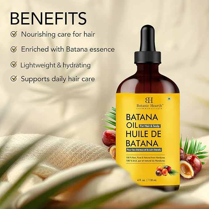 Botanic Hearth 100% Pure Batana Oil For Hair Growth | Infused with Batana Kemel Oil | Hair Oil Repairs Dry Damaged Hair, Strengthening, Healthier - Hair Tonic, 4.0 fl oz
