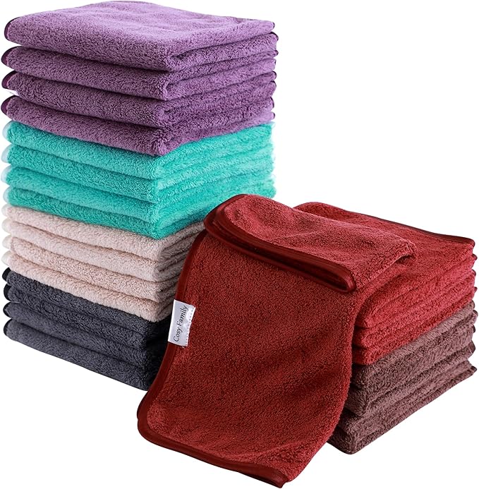 Cosy Family 24 Pack Soft Washcloths Set - 12 x 12 inches, Quick Drying - Highly Absorbent Coral Velvet Fingertip Towel Bathroom Wash Clothes for Bath, Spa, Facial, Kitchen - Dark Color