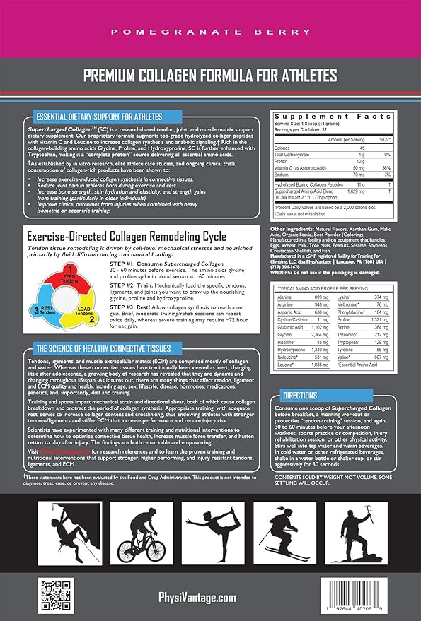 PhysiVantage Supercharged Collagen Peptides Powder - Hydrolyzed Collagen for Joint, Tendon, Ligament, & Skin Health Support - Pomegranate, Keto, Paleo, 16oz | Enhanced with Vitamin C, BCAAs, Grass-Fed