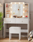 Haewon Makeup Vanity Desk with Mirror, 10 LED Lights and Charging Station, White Vanity with Adjustable Lighting, Dressing Table Set with Storage Chair Drawers Shelves for Bedroom