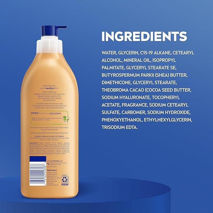 NIVEA Cocoa Butter Body Lotion for Dry Skin with Hyaluronic Acid, Cocoa Butter and Deep Nourishing Serum, 72-Hour Body Moisturizer, 16.9 Fl Oz Pump Bottle