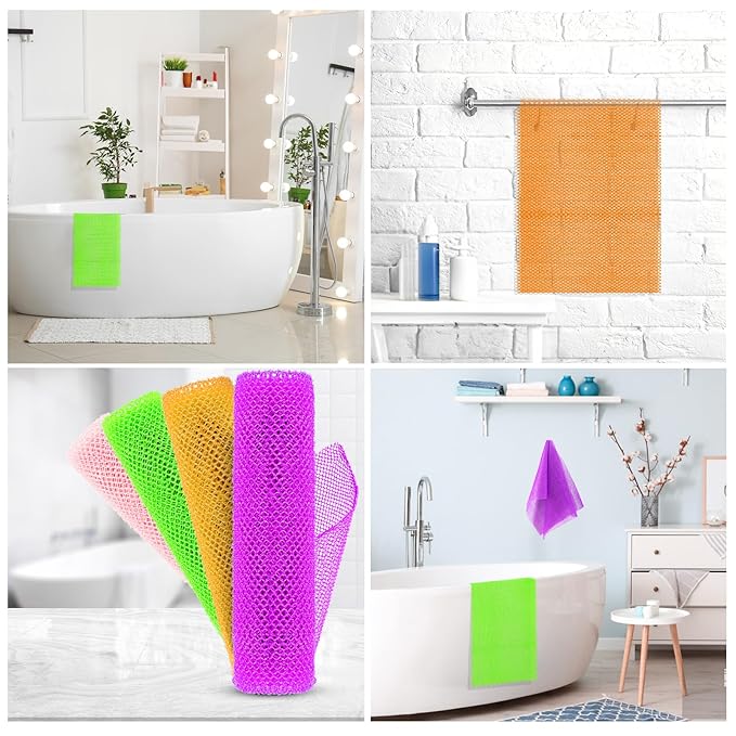4 Pieces Exfoliating Washcloth Shower Towel African Net Sponge Japanese Wash Cloth Face Exfoliating Sponge Loofah Exfoliating Body Scrubber for Body Exfoliation (Purple, Pink, Green, Orange)