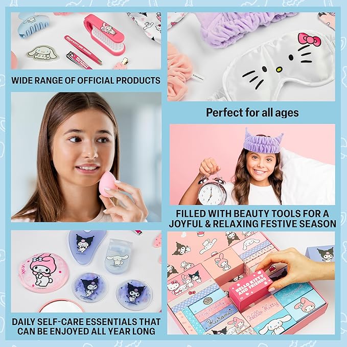Get Trend Hello Kitty Advent Calendar 2025 Women Teens Makeup Brushes Hair Clips Eye Mask Beauty Pamper Gift Set Christmas Countdown Gifts for Her (Pink Hello Kitty)