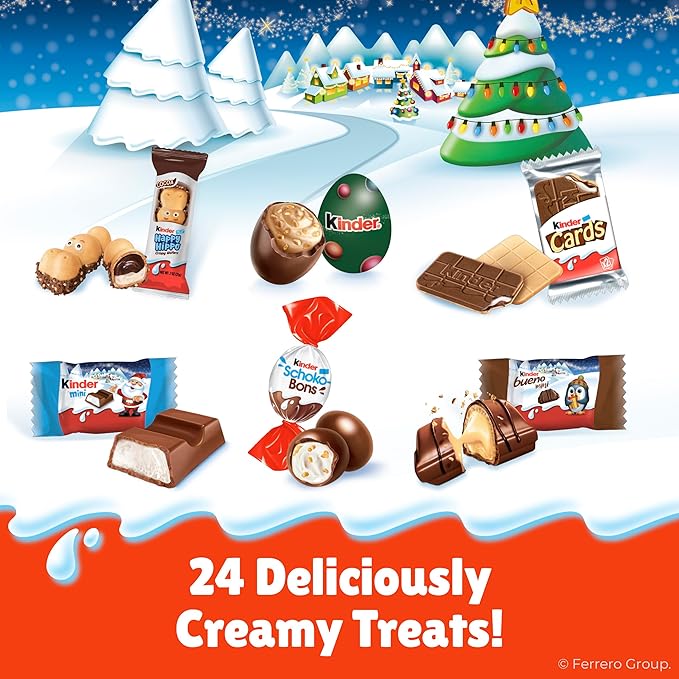 Kinder 2025 Advent Calendar, 24 Individually Wrapped Pieces, Chocolate Candy, Holiday Treats, 6.9 oz