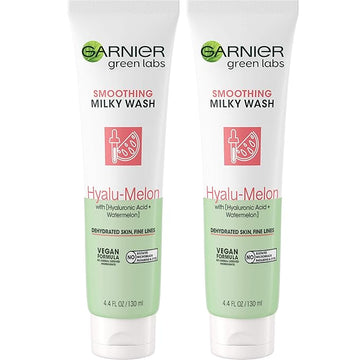 Garnier SkinActive Green Labs Hyalu-Melon Smoothing Milky Washable Cleanser with Hyaluronic Acid + Watermelon for Dehydrated Skin, Fine Lines, 2 Count (Packaging May Vary)
