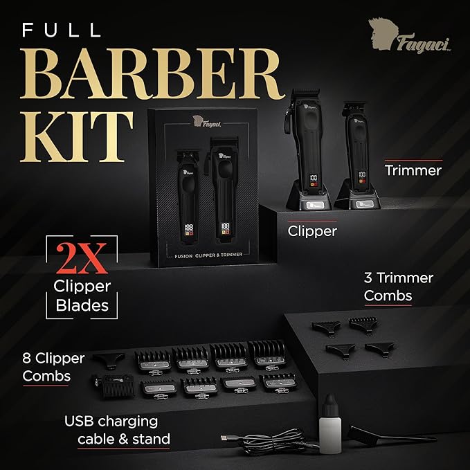 Fagaci Professional Hair Clippers for Men with Superior Precision, Brushless Motor Barber Clippers and Trimmers Set, 5X Longer Sharpness Hair Cutting Kit, Mens Haircut Cordless Clipper for Barber