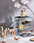 Sorbus Acrylic Makeup Organizer Set, 6-Drawer Vanity & Countertop Cosmetic Storage with Small & Wide Compartments, Teal Thrill Makeup Storage for Brushes, Jewelry – Holiday Gift for Women & Teens