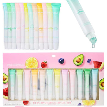 EXPRESSIONS 12pc Lip Oil Set - Flavored Lip Oils Value Pack, Hydrating Lip Oils w/Squeeze Tube Application, Moisturizing Lip Oil Collection for Everyday Lip Care and Lip Repair (FRUITS)