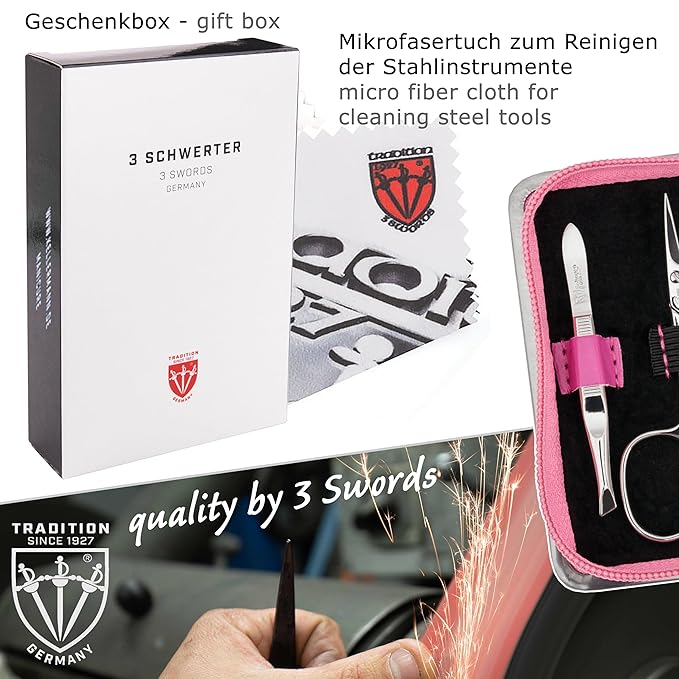 3 Swords Germany - brand quality 6 piece manicure pedicure kit set for professional finger & toe nail care with synthetic leather case - Made in Germany - pink