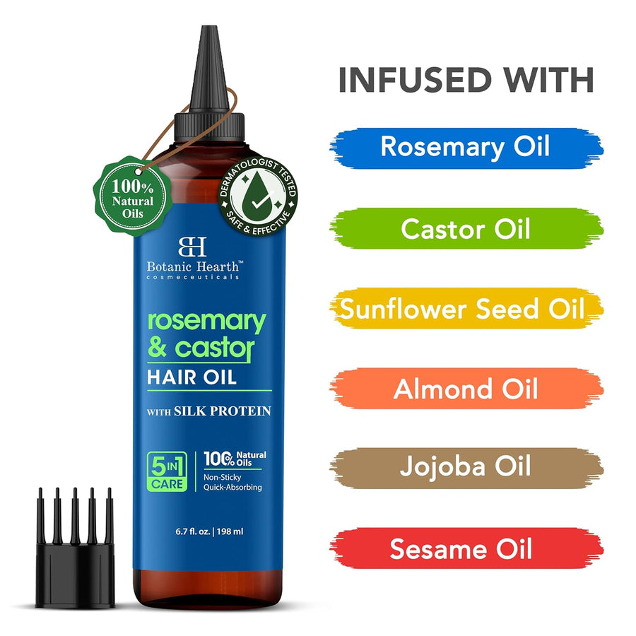 Botanic Hearth Rosemary & Castor Hair Oil (6.7 Fl Oz) | Nourishing And Strengthening Hair Treatment For Thicker, Healthier|Looking Hair | Paraben Free | Suitable For All Hair Types