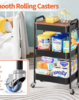 TOOLF 3-Tier Rolling Cart with Table Top, Metal Storage Cart on Wheels, Utility Organizer with Wooden Tray, Lockable Casters, Easy Assembly for Bathroom, Living Room, Office, Kitchen, Black