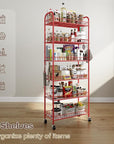 Slim Rolling Storage Cart, 6 Tier Metal Kitchen Rolling Utility Cart with Lockable Wheels for Kitchen, Bathroom, Laundry Room, Small Narrow Spaces (Red 10 Inches)