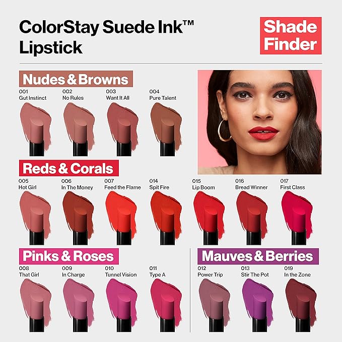 REVLON Lipstick, ColorStay Suede Ink, Built-in Primer, Infused with Vitamin E, Waterproof, Smudge-proof, Matte Color, 005 Hot Girl, 0.09 oz.