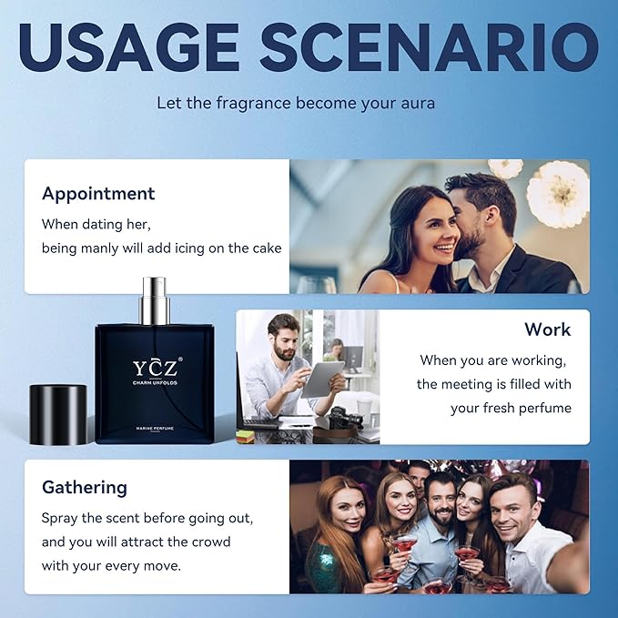 Ycz Charm Unfolds Marine Perfume for Men, 1.7 oz. Long Lasting Eau De Parfum Cologne For Men, Oriental Woody Fragrance - Ideal Special Occasions, Making it the Ideal gentlemen’s Gift