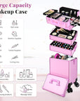 Profesional Rolling Makeup Train Case with Lid, 5 in 1 Cosmetology Case on Wheels, Large Cosmetic Trolley Organizer Travel for Hairstylist Artist Nail Beauty Salon Barber, Pink