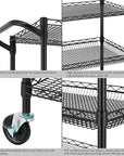 Finnhomy 3 Tier Heavy Duty Commercial Grade Utility Cart, Wire Rolling Metal Trolley with Handle Bar, Steel Kitchen Service Cart with Wheels, Food Storage Trolley on Wheels, NSF Listed, Black