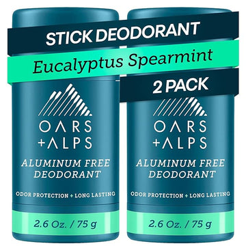 Oars + Alps Deodorant for Men & Women, Aluminum Free Deodorant for Men, Dermatologist Tested, Clean Ingredients, Vegan, Long Lasting, Odor Protection, Eucalyptus Spearmint, 2pk