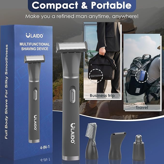 Body Hair Trimmer for Men, 4 in 1 Versatile Hair Trimmer for Groin/Ball/Beard/Eyebrow/Nose/Ear Hair Shaver, USB-C Rechargeable, Mens Grooming Kit for Smooth Shaving with Storage Bag