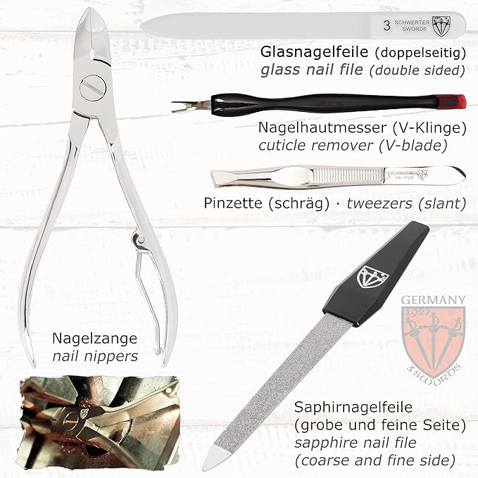 3 Swords Germany - brand quality 7 piece manicure pedicure kit set - nail care tools by 3 Swords - red ostrich optic