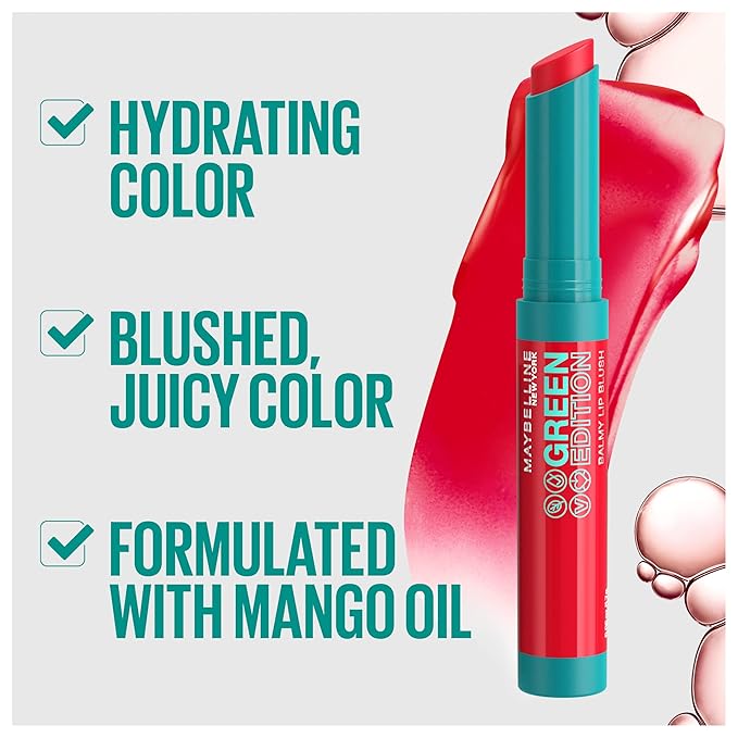 Maybelline Green Edition Balmy Lip Blush, Formulated With Mango Oil, Bonfire, Blue Red, 1 Count