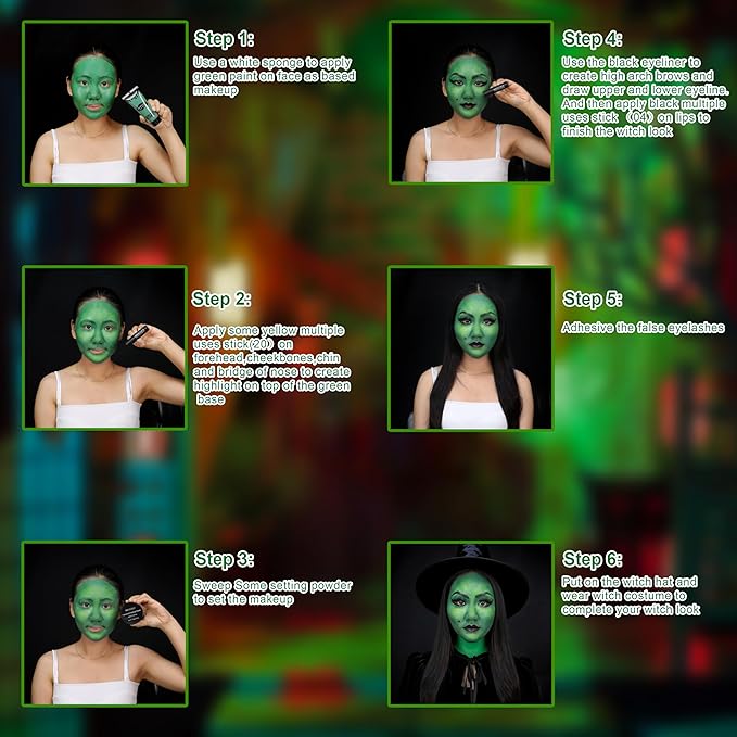 MEICOLY Complete Green Witch Makeup Kit,Wicked Costume Halloween SFX Frankenstein Makeup Set,Elphaba Green Face Paint for Character Cosplay Stage Performance Theater,Setting Powder,Yellow Face Paint