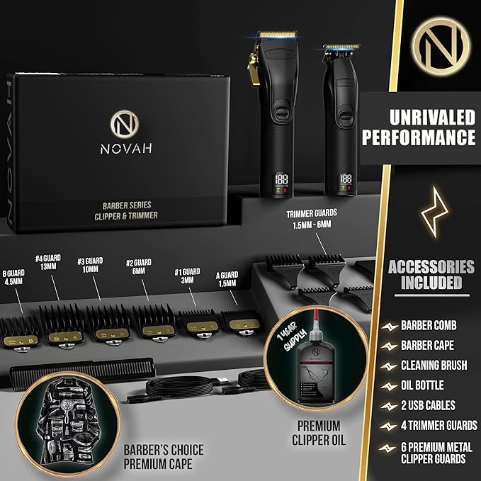Novah® Professional Hair Clippers for Men, Professional Barber Clippers and Trimmer Set, Mens Cordless Hair Clipper for Barbers Haircut Fading Kit Fade - Gold